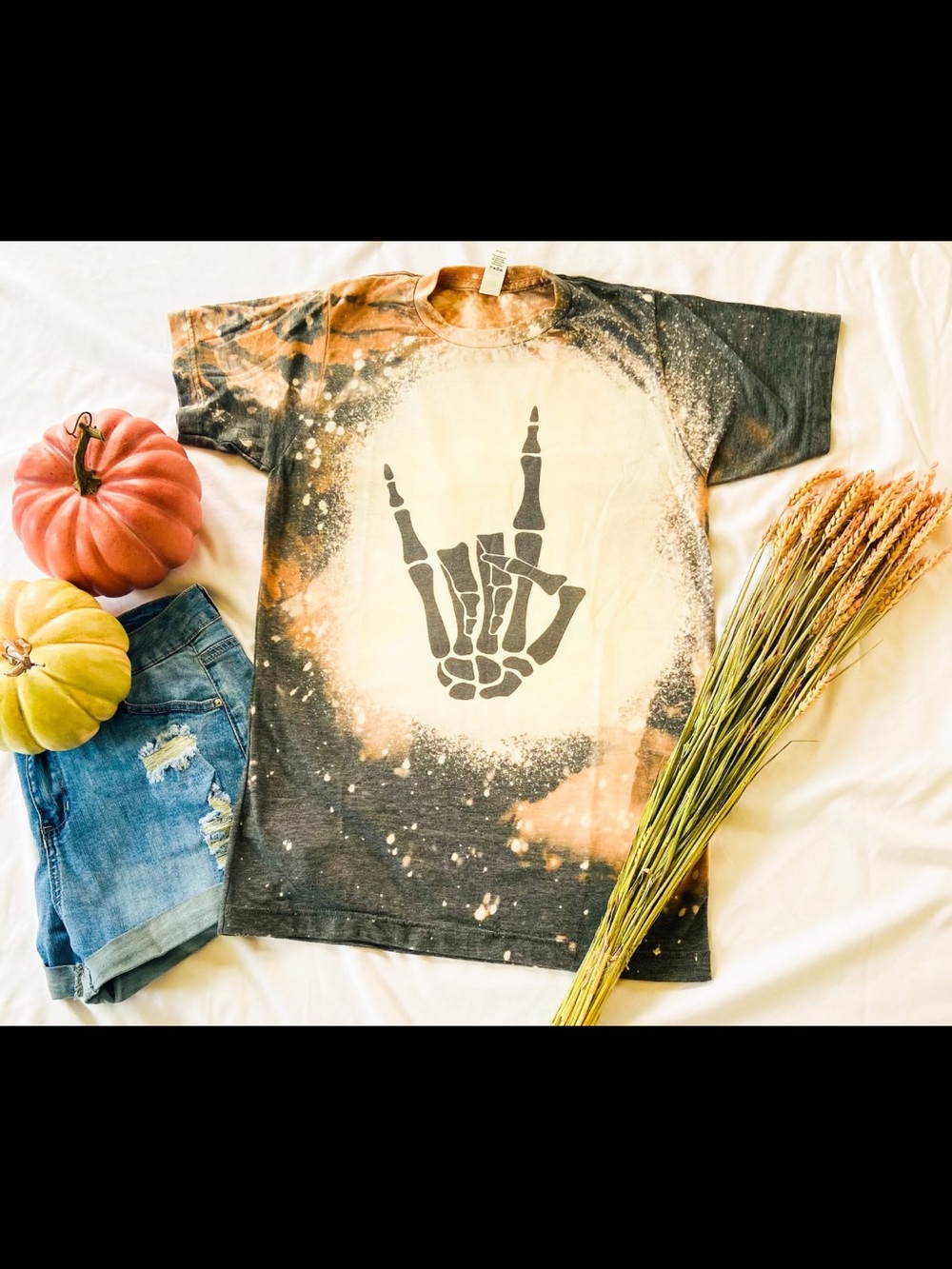 Hello Halloween ! 🎃 Black and Orange Bleached Graphic Tee with Skeleton Hand NWT